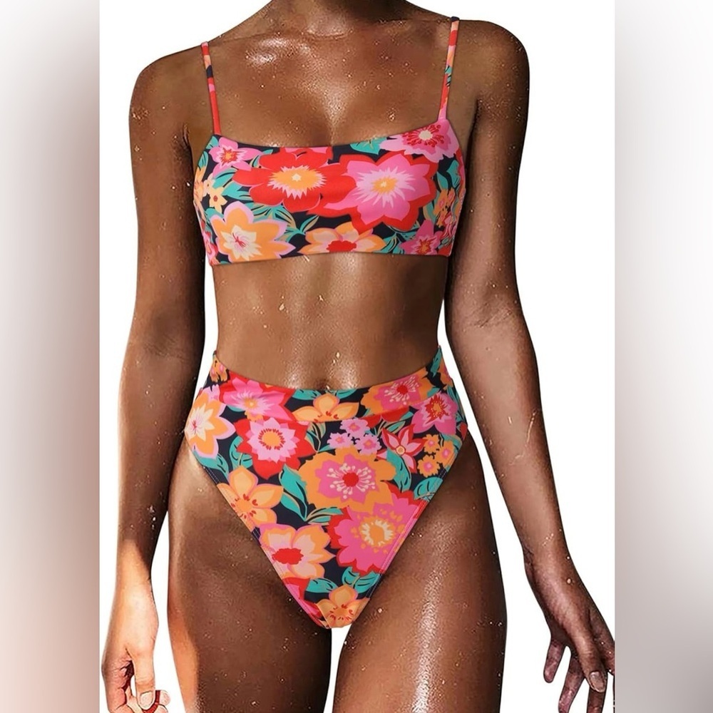 MOSHENGQI Women High Wasited Swimsuit Shoulder Strap 2 Piece High Cut String